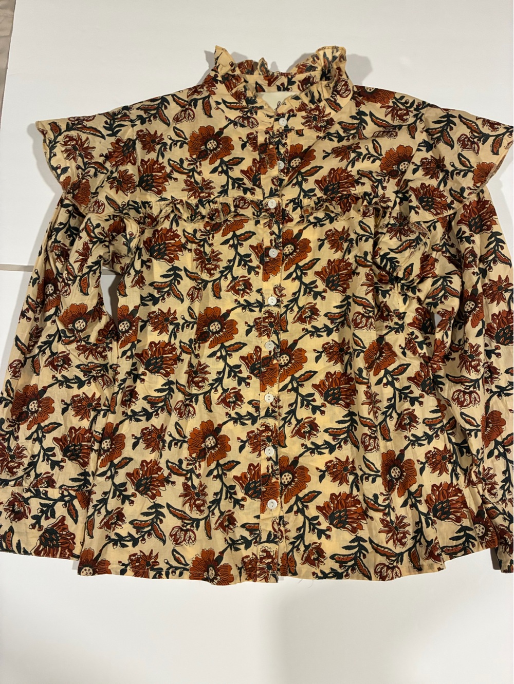 Fox & Hen Women's Cream Floral Blouse with Rust and Blue Print